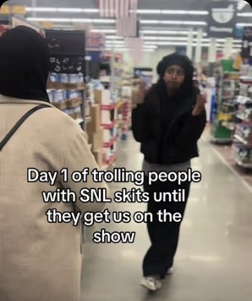 Isra Yasin trolling shoppers in a grocery store with an SNL sketch